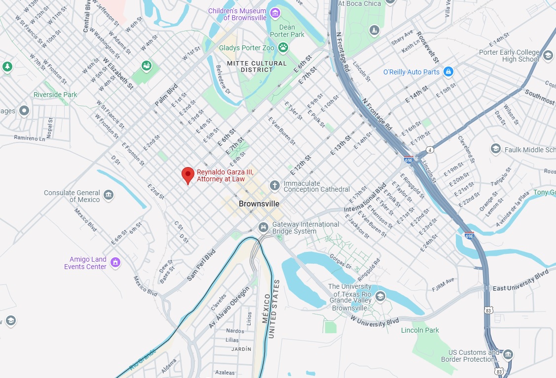 This is a map of Brownsville, Texas, showing a marked location for Reynaldo Garza III, Attorney at Law.