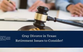 A judges gavel and two gold wedding rings on a desk, with two people in the background, and text about gray divorce and retirement issues in Texas.