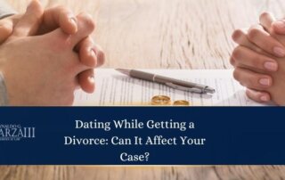 Two people sit across from each other at a table with divorce papers, wedding rings, and a pen between them. A banner reads, Dating While Getting a Divorce: Can It Affect Your Case?.