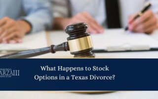 A gavel and legal documents on a table with two people working in the background; text asks about stock options in a Texas divorce.