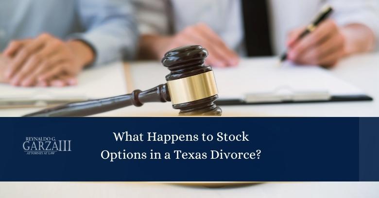 A judges gavel on a desk with two people signing documents; text reads, What Happens to Stock Options in a Texas Divorce?.