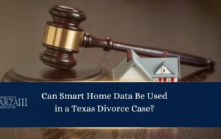 A gavel and a model house are displayed behind text asking if smart home data can be used in a Texas divorce case.